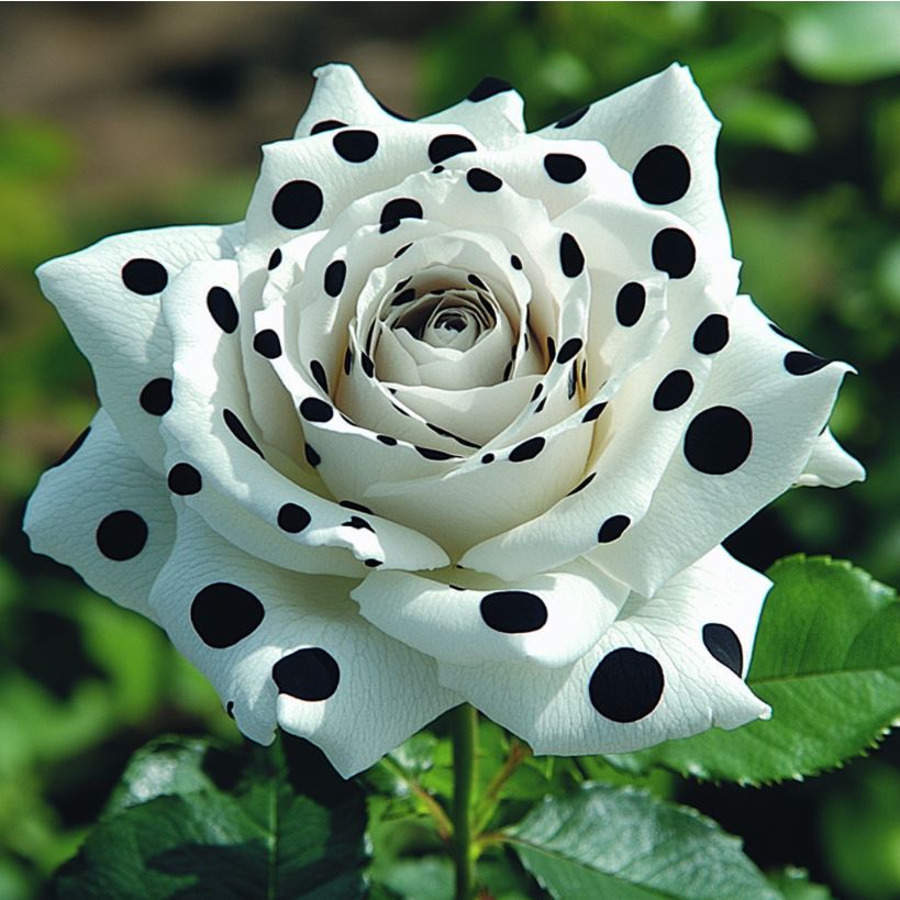 White rose with black polka dots blooming in a garden