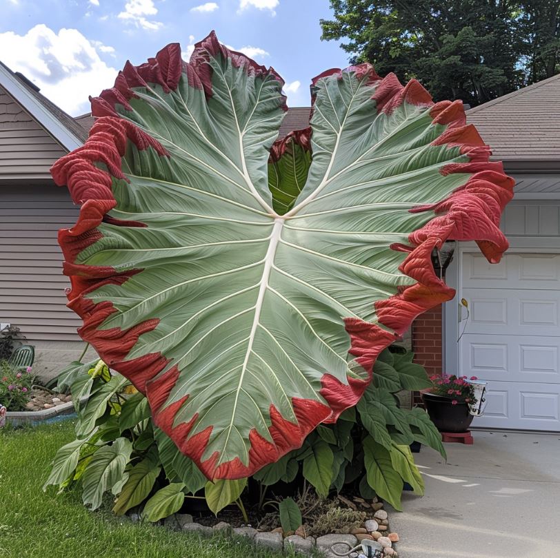 Colocasia gigantea with Red Edges in a Residential Yard