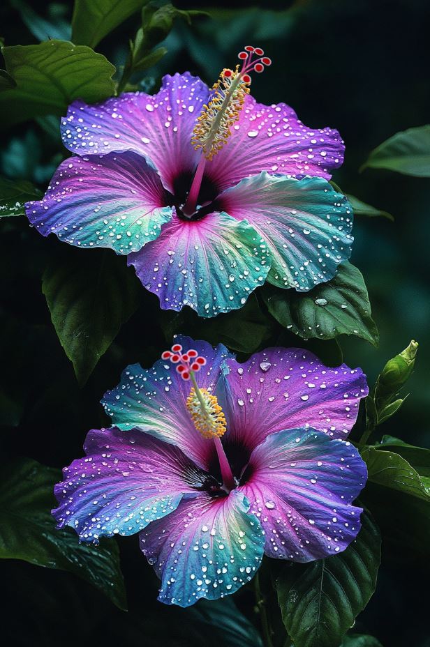 Multicolored Hibiscus Flowers with Dew Drops