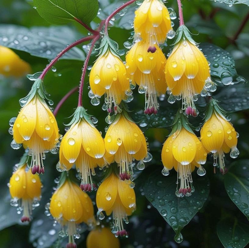 Yellow Lilium Pink Bell Flowers Covered in Dew