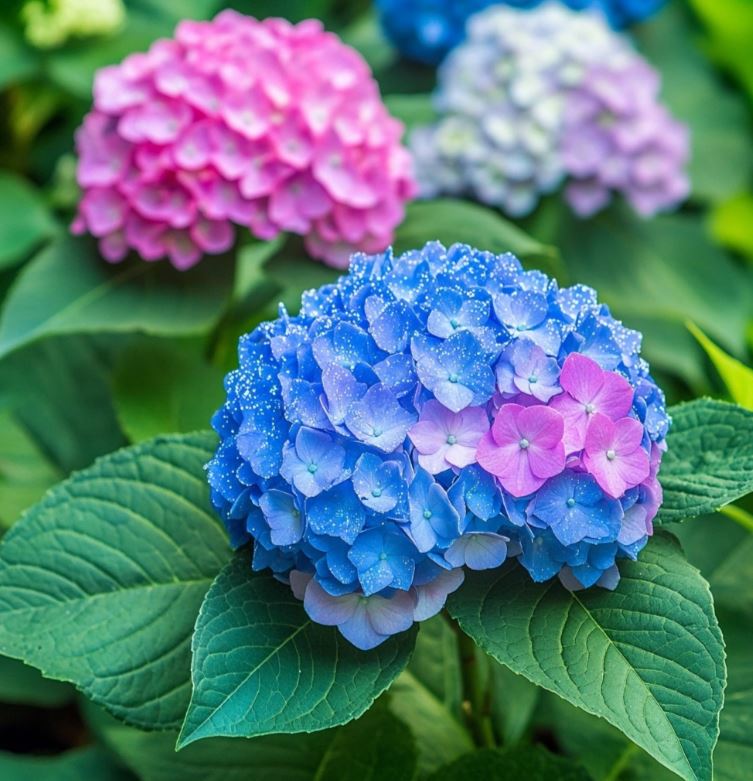 Colorful Hydrangea Blooms in Pink, Blue, and Lavender