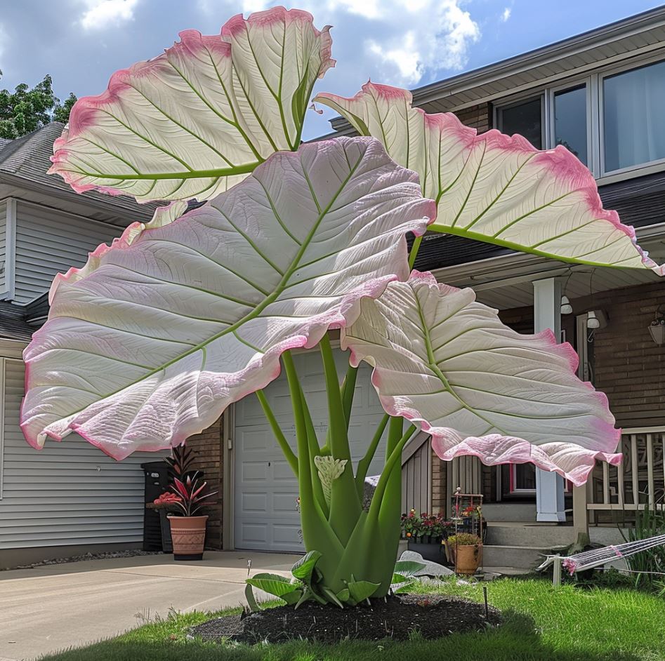 Giant Elephant Ear Plant with white leaves and pink edges in a front yard