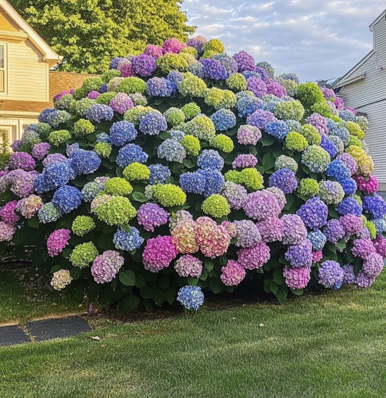 Giant Colorful Hydrangea Bush in Full Bloom