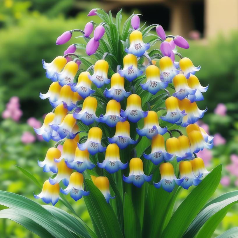 Lilium Pink Bell Flower with Vibrant Blue and Yellow Blooms