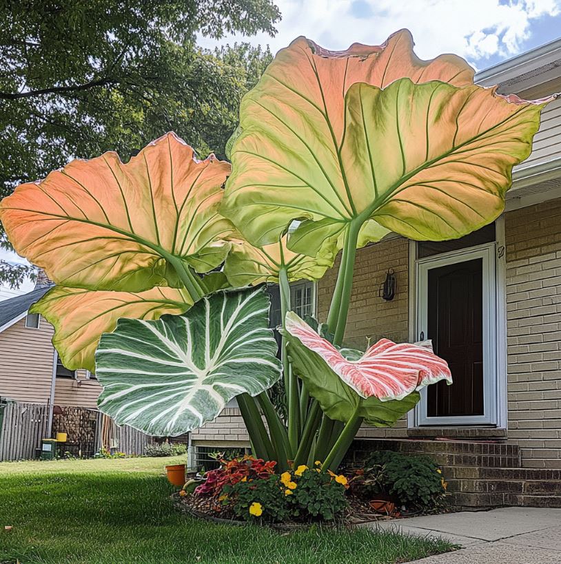 Giant Colocasia plant with multicolored leaves in shades of orange, green, and white in front of a house