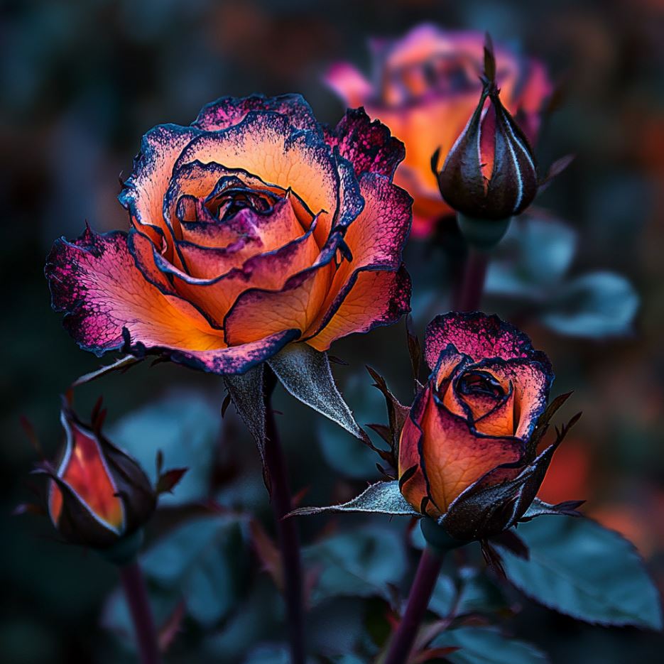 Dark Purple and Orange Roses in a Mysterious Garden