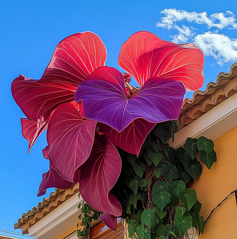 Colocasia plant with large, vibrant red and purple leaves against a blue sky