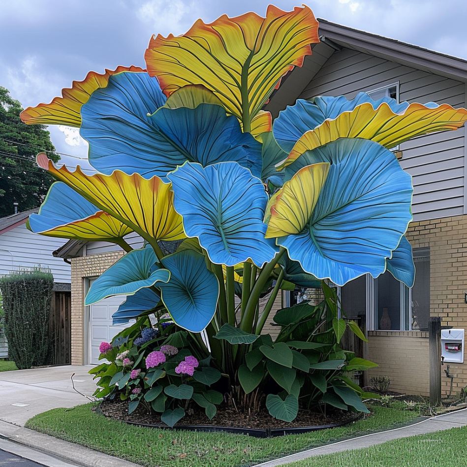 Giant Elephant Ear Plant with vibrant blue and yellow leaves in a front yard garden