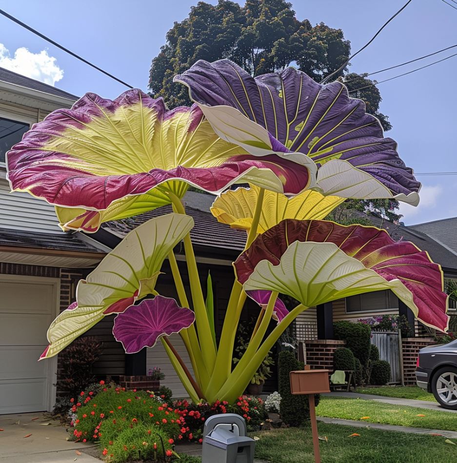 Giant Colocasia plant with large purple, yellow, and red leaves in a landscaped front yard