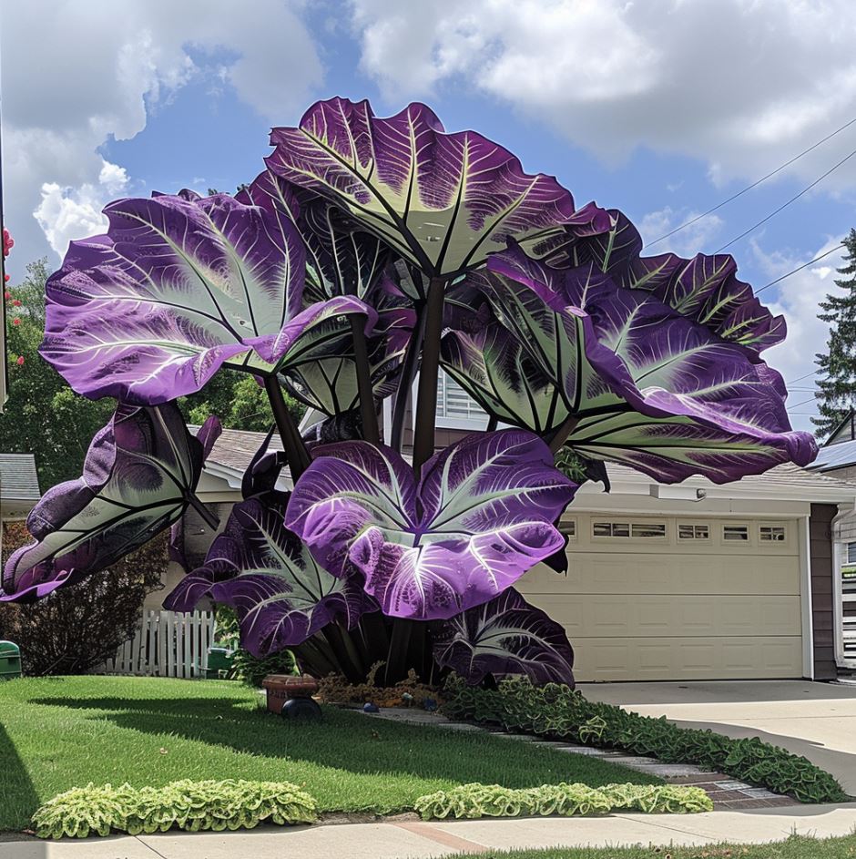 Giant Colocasia plant with large purple and green leaves in front of a house