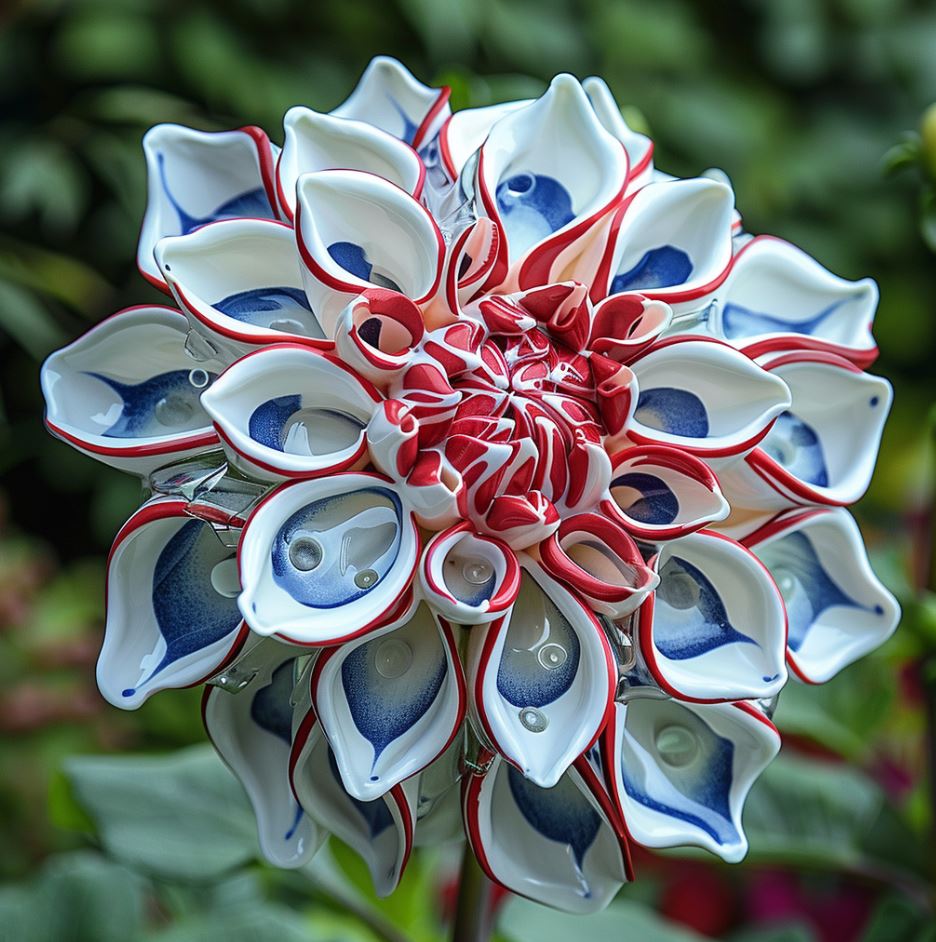 Red, white, and blue dahlia with intricately shaped petals