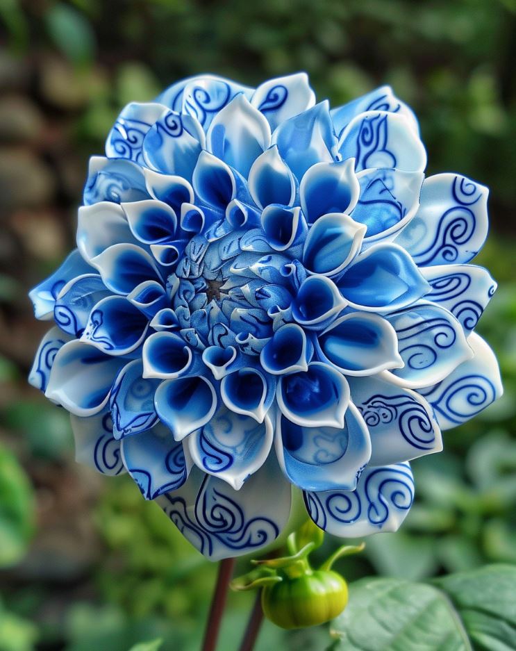 Exquisite Blue and White Dahlia with Swirling Petal Designs