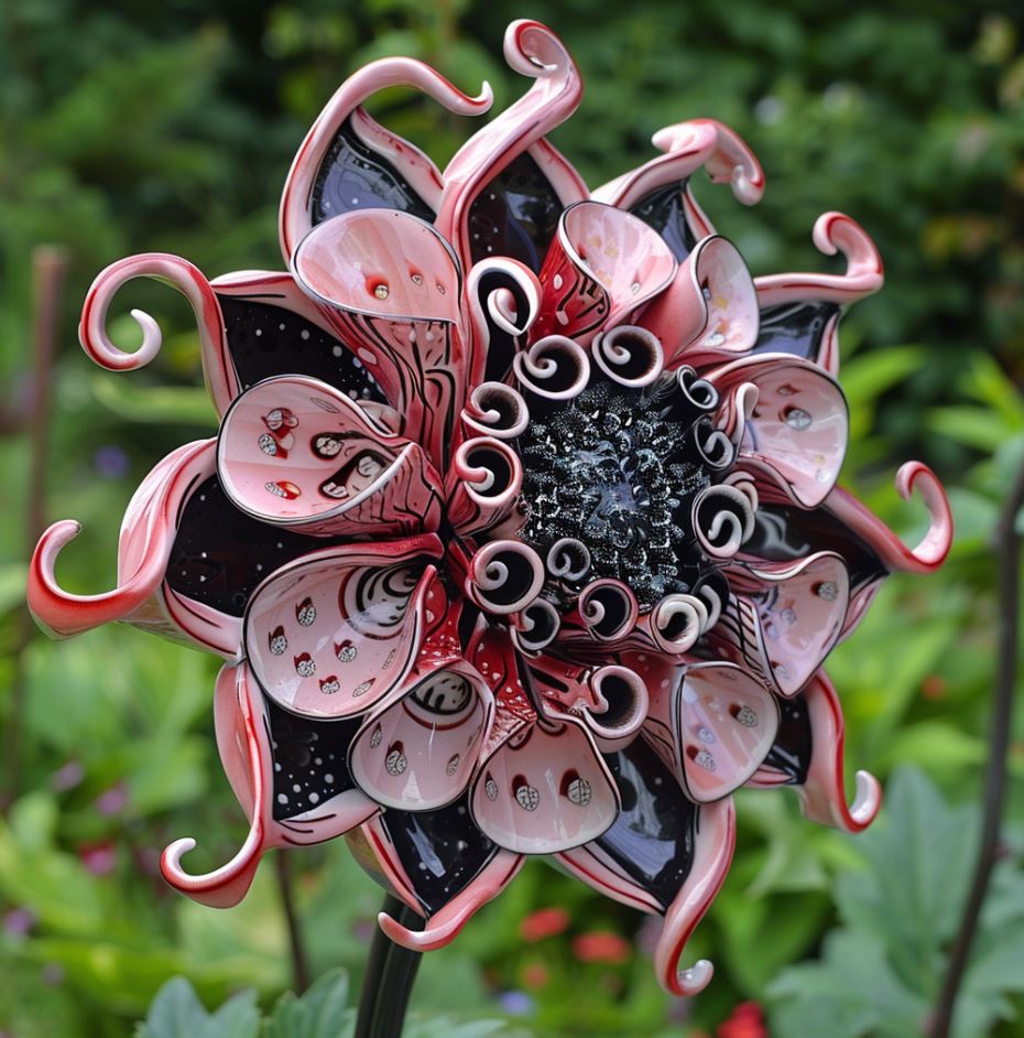 Intricately designed Dahlia with curling red, black, and white petals