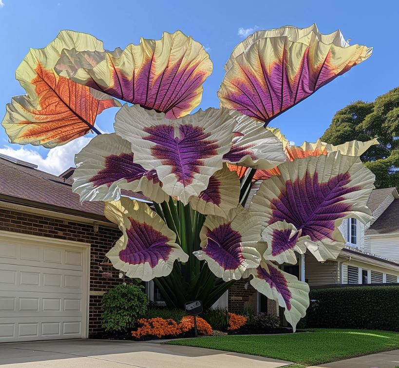 Elephant Ear Plant with gradient purple and orange leaves in a front yard