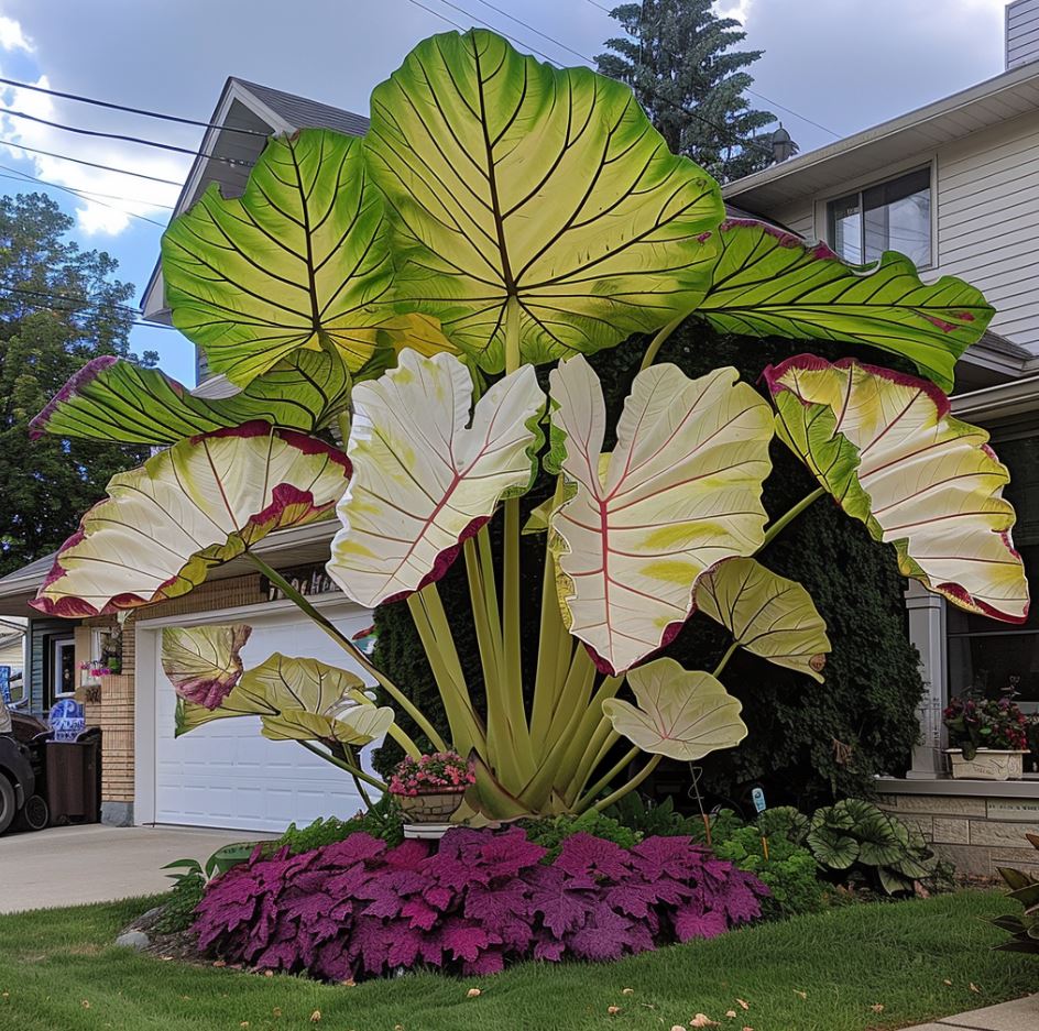 Giant Colocasia plant with white, green, and red-edged leaves in a landscaped front yard