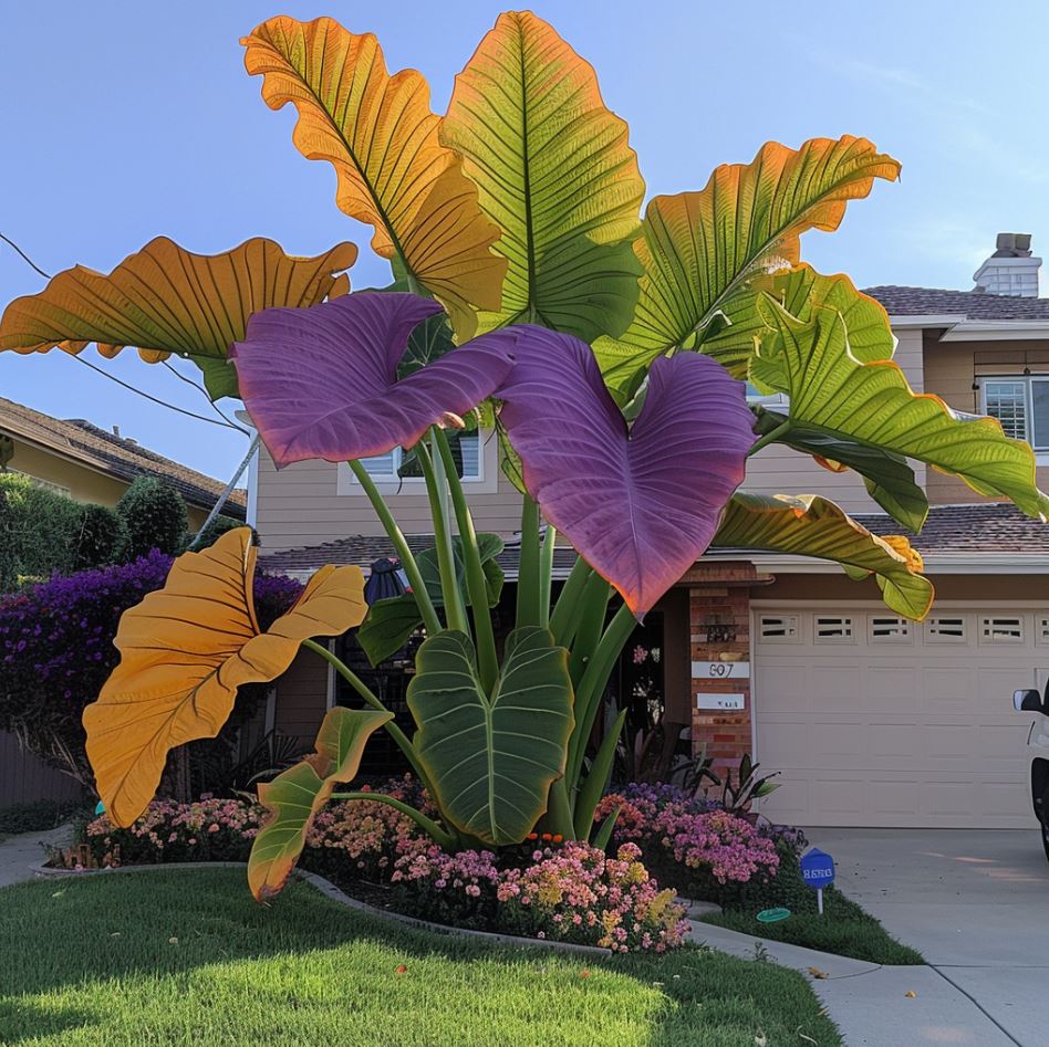 Colorful Elephant Ear Plant with large yellow, green, and purple leaves in a residential garden