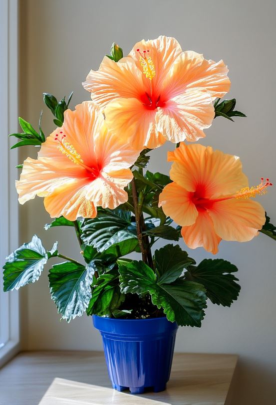 Potted Hibiscus with Orange and Cream Flowers