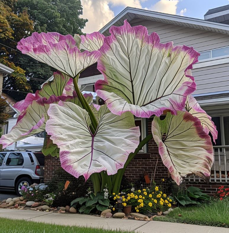 Giant Pink-Edged Colocasia Plant in a Beautiful Front Yard