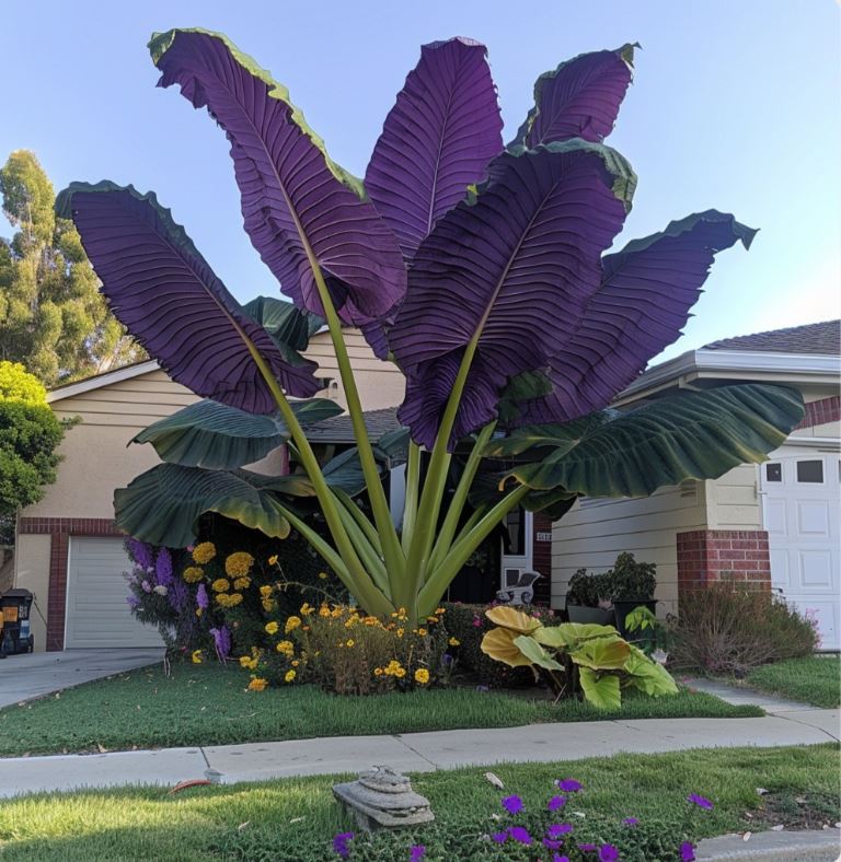 Giant Colocasia gigantea 'Thailand Giant Strain' with Purple Leaves in Front Yard Garden"