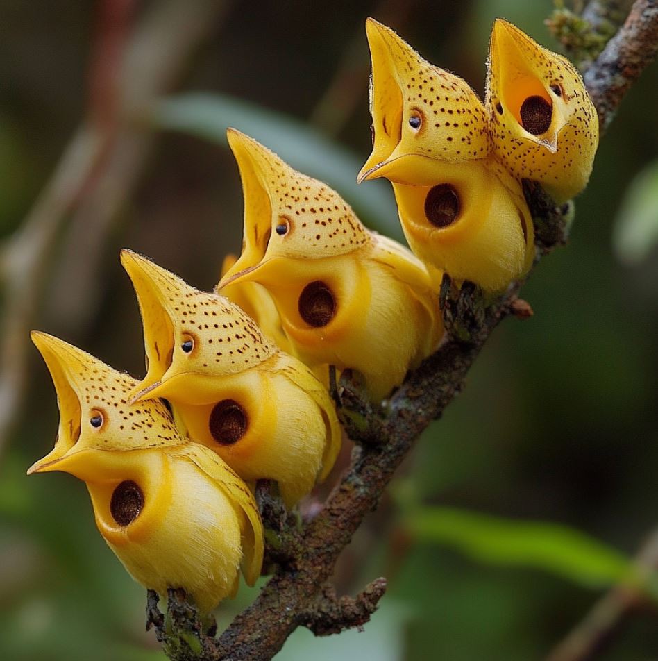 Yellow Bird Flowers resembling small birds perched on a branch.