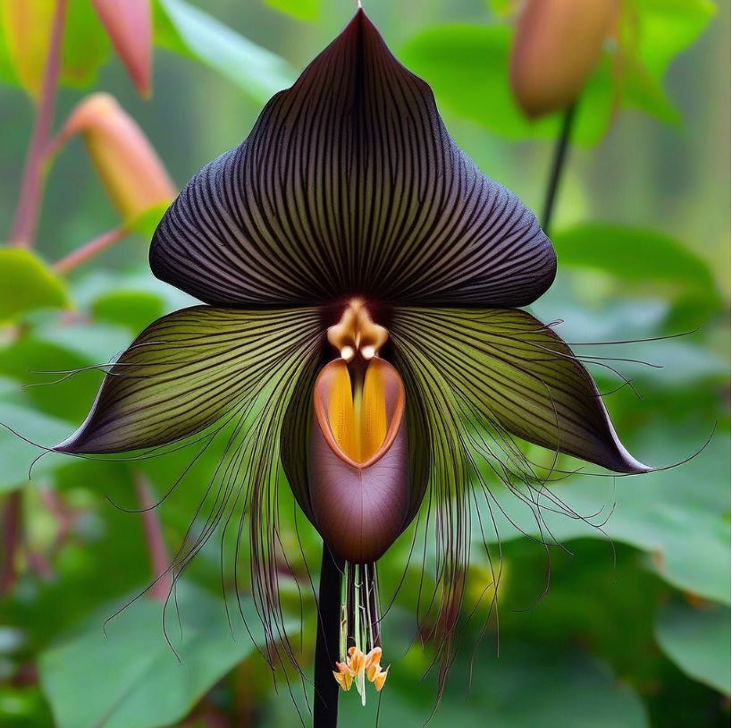 Black Bat Flower with striped dark petals, long whiskers, and a central structure resembling a bat, set against a green background