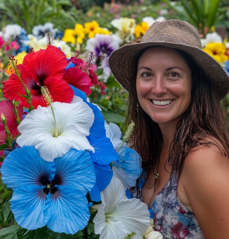 Smiling Woman with Colorful Hibiscus Flowers