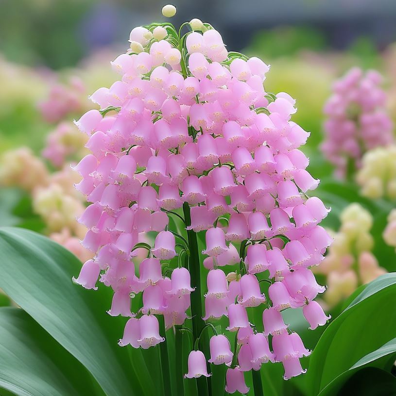 A soft pink Lily of the Valley flower with cascading bell-shaped blooms and vibrant green leaves