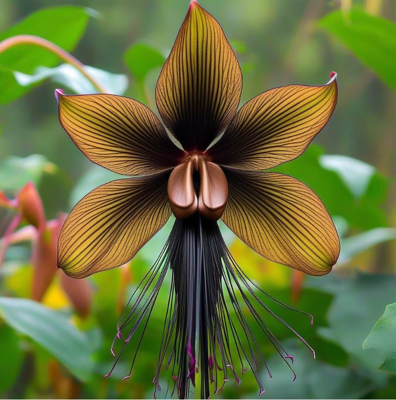 Black Bat Flower with long whiskers and bat-wing-like petals, set against a lush green background.