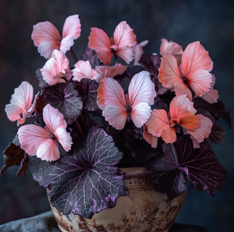 Begonia 'Moonlight Butterfly' with pink and white flowers and dark purple leaves in a decorative pot."