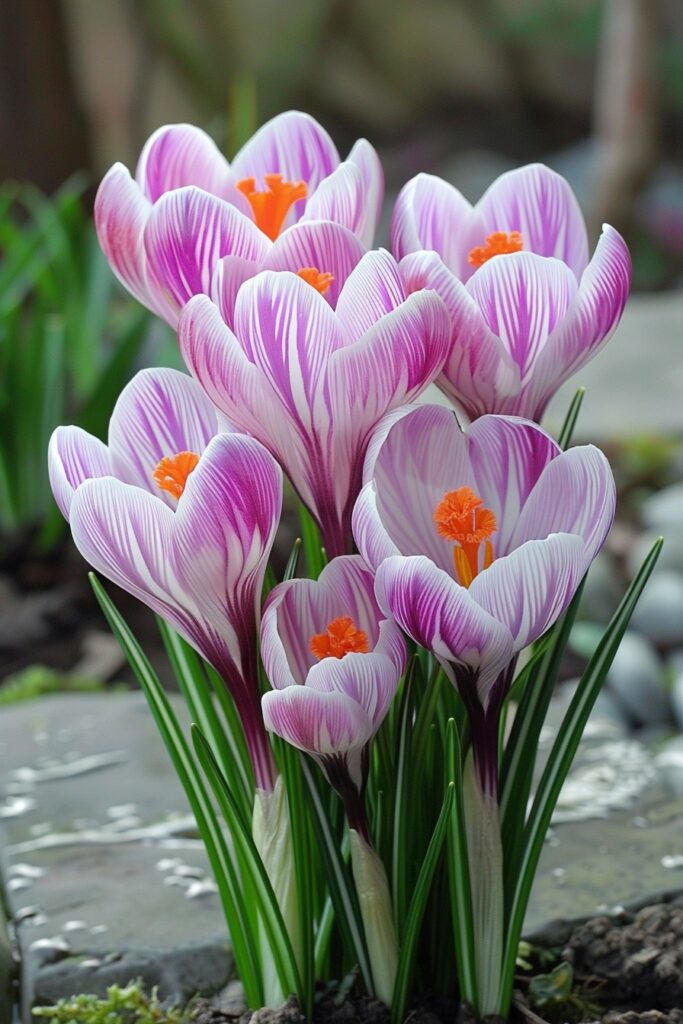 A cluster of vibrant crocus flowers with purple and white stripes, featuring bright orange stamens, blooming in a garden setting.