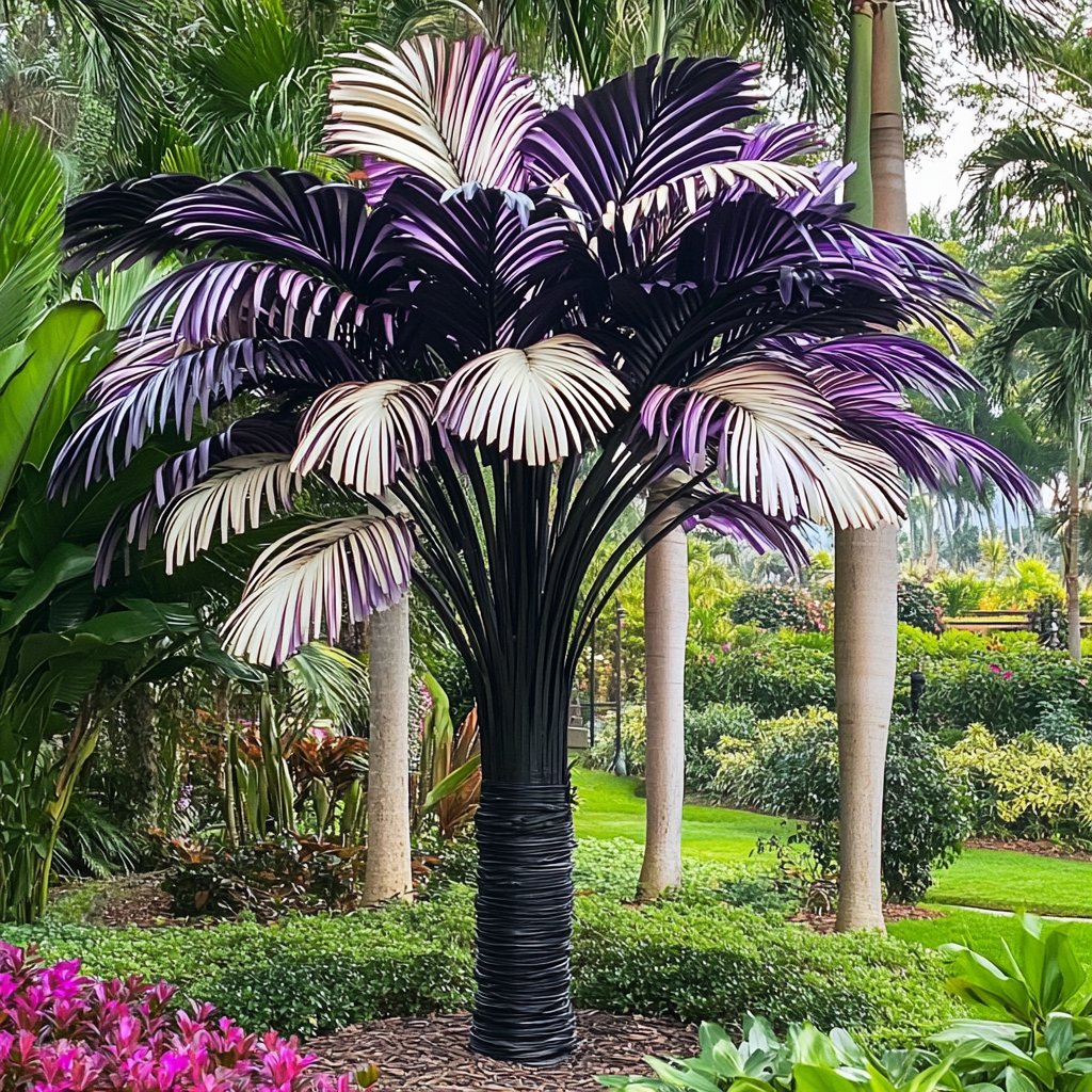 A stunning Dragon Tree Flower (Dracaena cinnabari) with a lush, vibrant canopy of pink and white blossoms against a clear blue sky and waterfront backdrop.