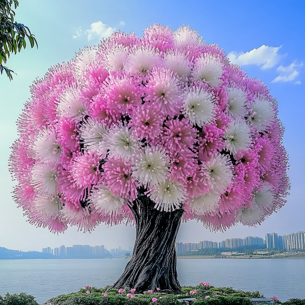 A stunning Dragon Tree Flower (Dracaena cinnabari) with a lush, vibrant canopy of pink and white blossoms against a clear blue sky and waterfront backdrop.