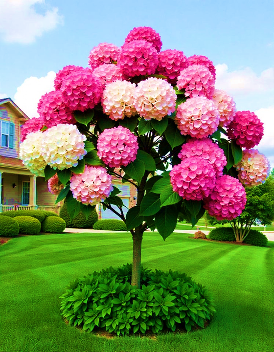 Vibrant Hydrangea Tree 'Candy Bloom' with pink, white, and red flowers in a garden setting