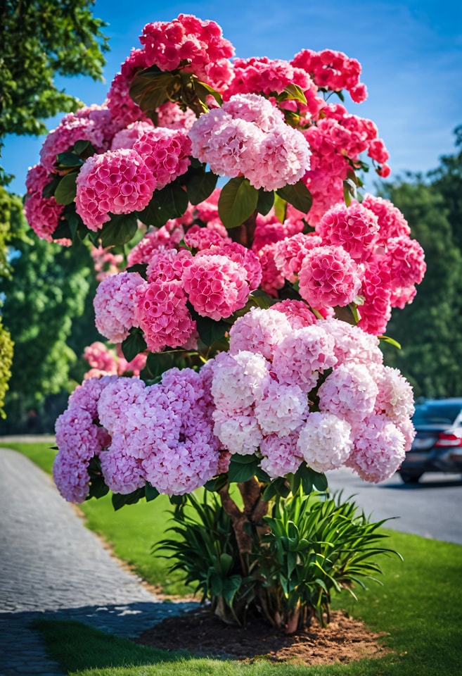 Vibrant Hydrangea tree displaying clusters of pink and white flowers under a clear blue sky.