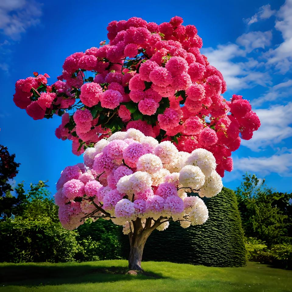  A stunning hydrangea tree adorned with vibrant pink and white blossoms under a blue sky.