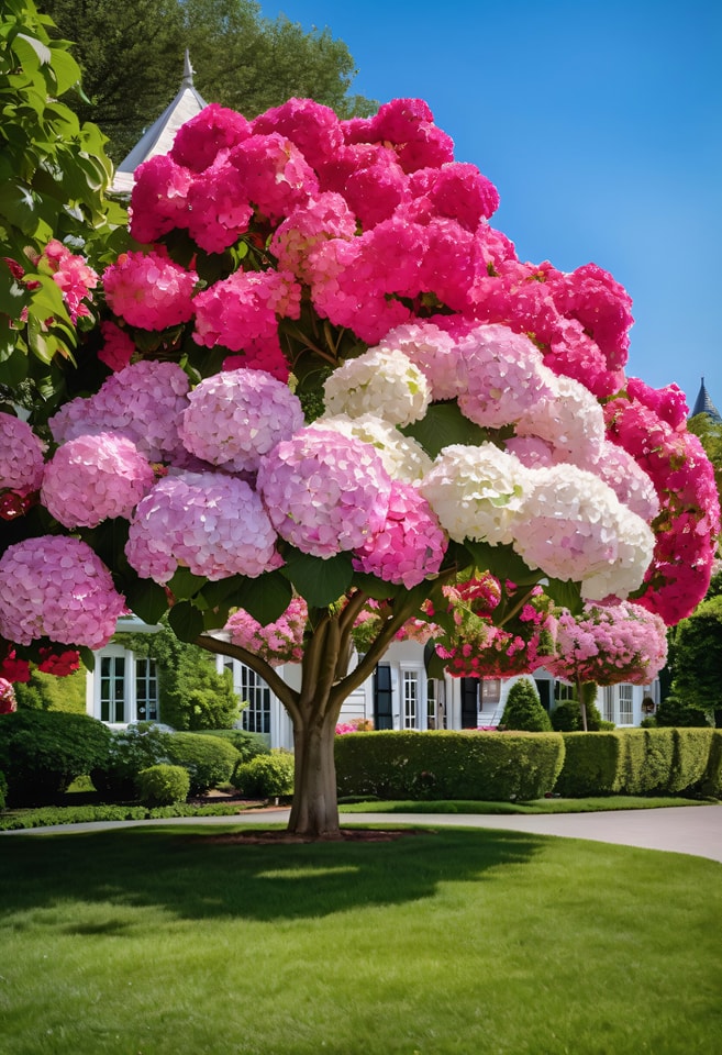 Vibrant Hydrangea tree displaying clusters of pink and white flowers under a clear blue sky.