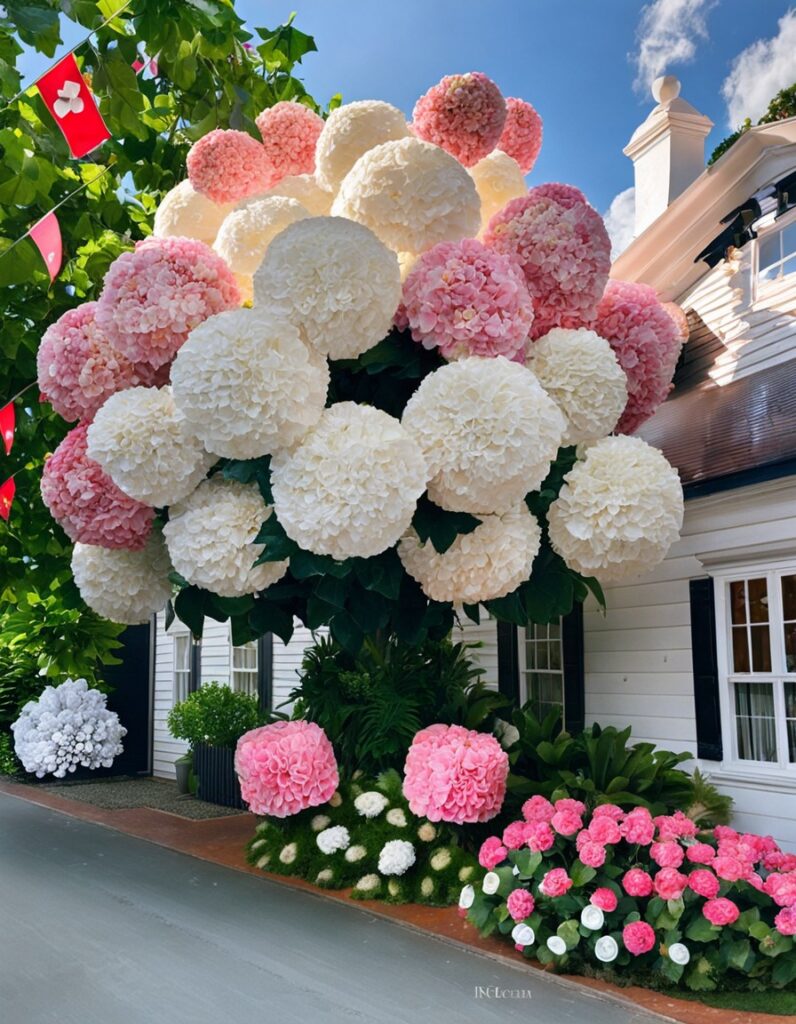 A stunning hydrangea tree displaying large clusters of pink and white flowers against a blue sky.