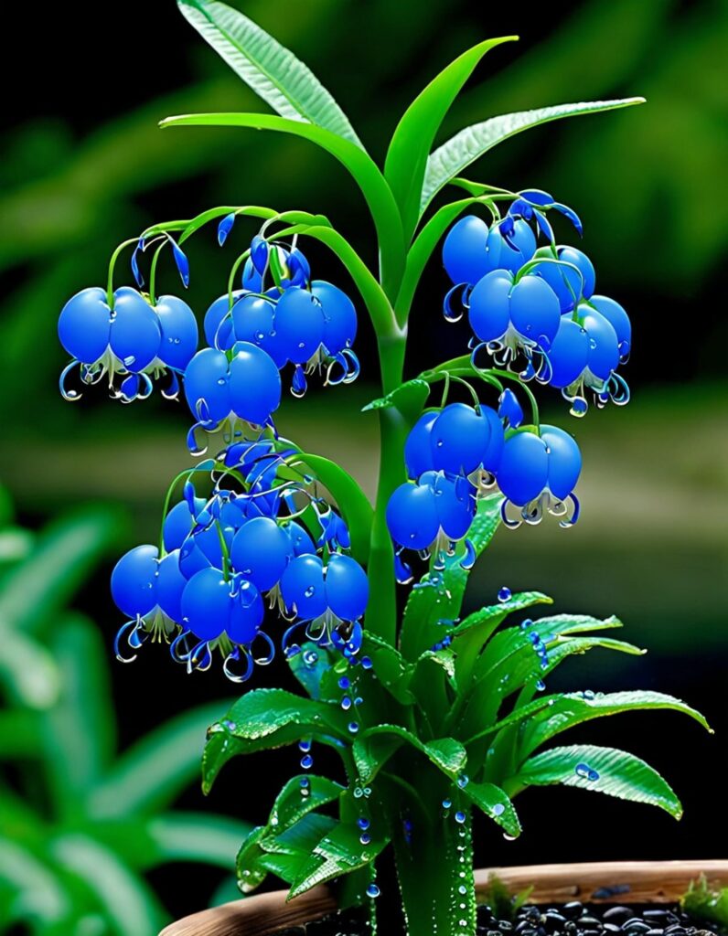 Vibrant Lily of the Valley flowers with glossy blue petals and droplets, surrounded by lush green leaves