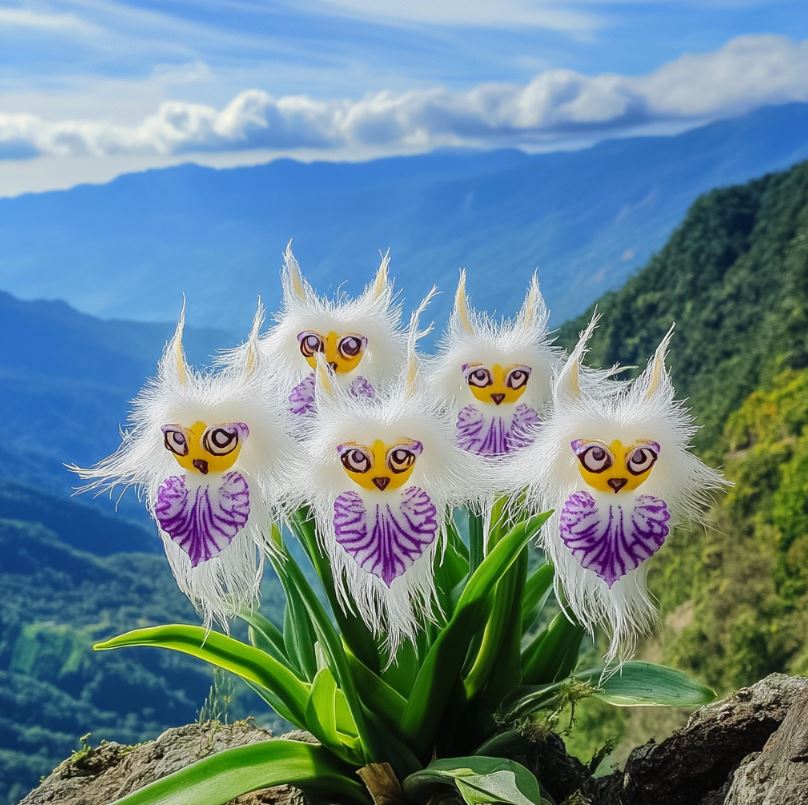 Monkey Face Orchid (Dracula simia) displaying fluffy white petals with colorful yellow and purple features against a stunning mountain backdrop