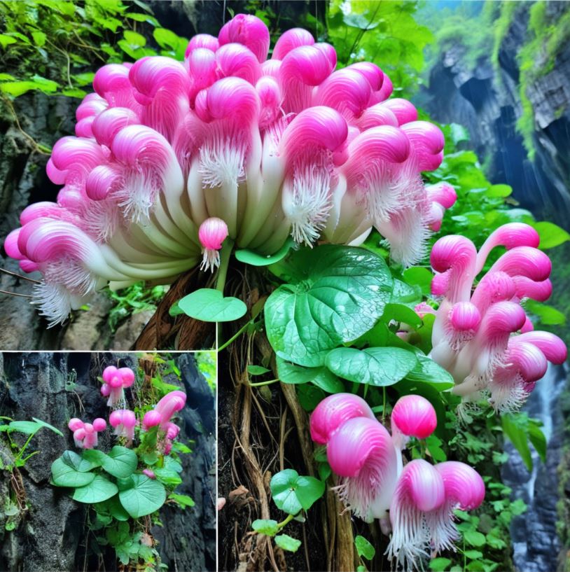 A group of vibrant pink lotus flowers with long, white roots growing on a rocky surface.