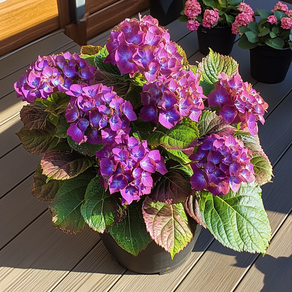 Vibrant purple hydrangea flowers in a pot, with rich green and reddish leaves, displayed on a wooden deck.