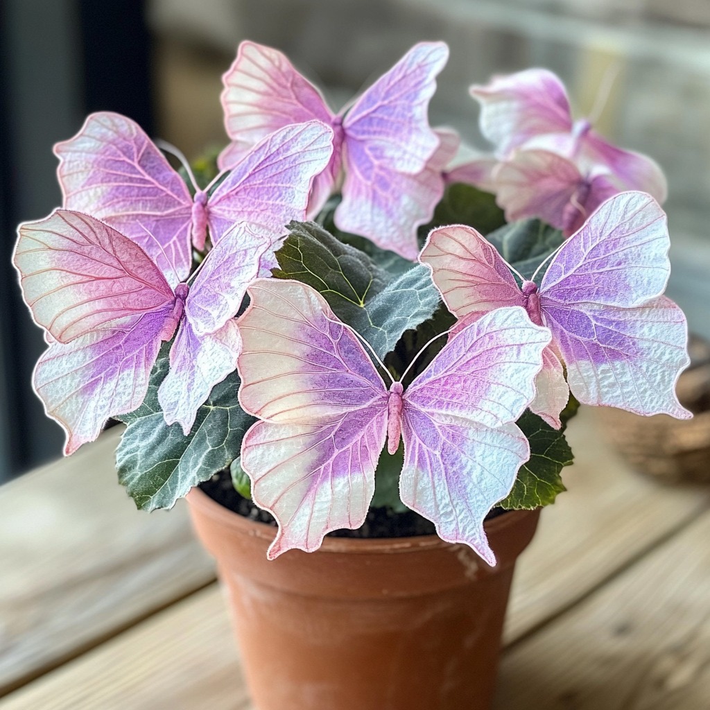 A beautiful arrangement of Begonia 'Moonlight Butterfly' with delicate pink and white butterfly-shaped leaves in a terracotta pot.