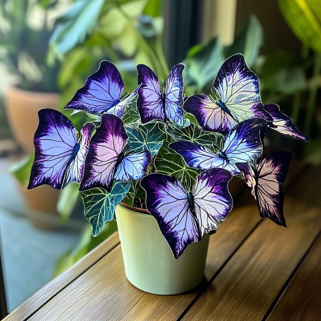 A stunning display of Begonia 'Moonlight Butterfly' with vibrant purple and white butterfly-shaped leaves in a decorative pot.