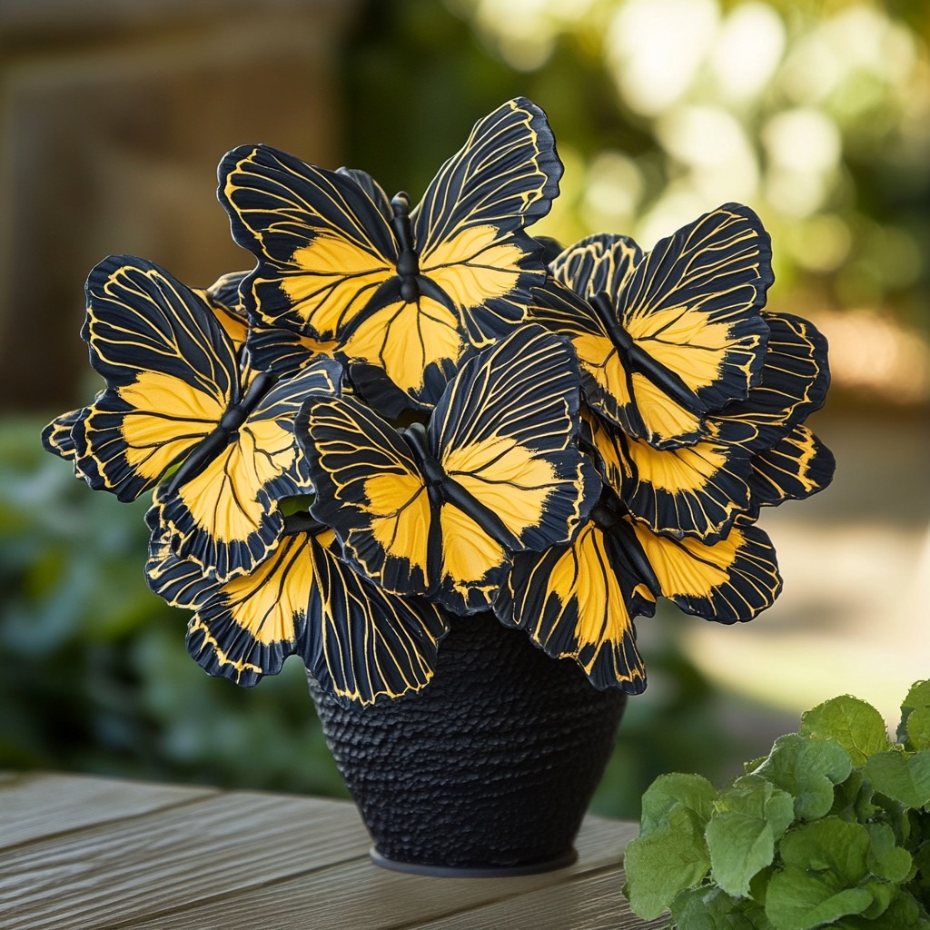 A vibrant arrangement of Begonia 'Moonlight Butterfly' with striking yellow and black butterfly-shaped leaves in a decorative pot