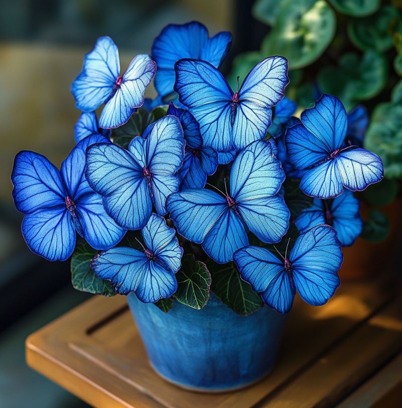 Begonia 'Moonlight Butterfly' with vibrant blue flowers and dark green leaves in a decorative pot