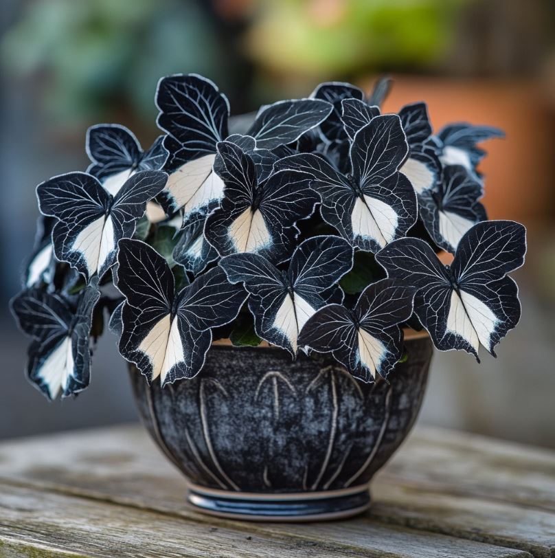 Begonia 'Moonlight Butterfly' featuring black and white butterfly-like leaves in a decorative pot