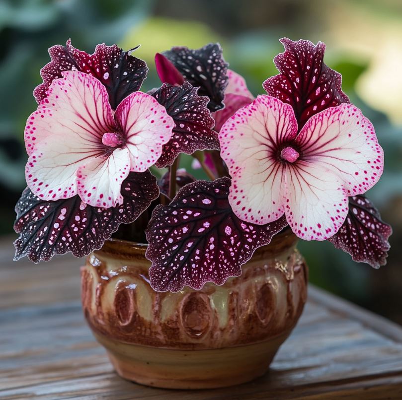 Begonia 'Moonlight Butterfly' with pink and white spotted flowers and dark purple leaves in a decorative pot.