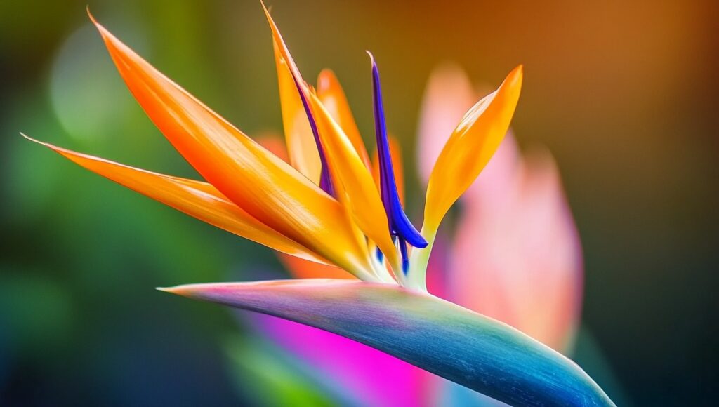 Close-up of a vibrant Bird of Paradise flower with striking orange and blue petals.