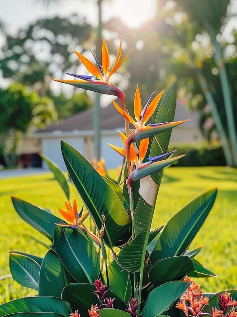 Vibrant Bird of Paradise flowers with orange and blue petals, surrounded by lush green leaves