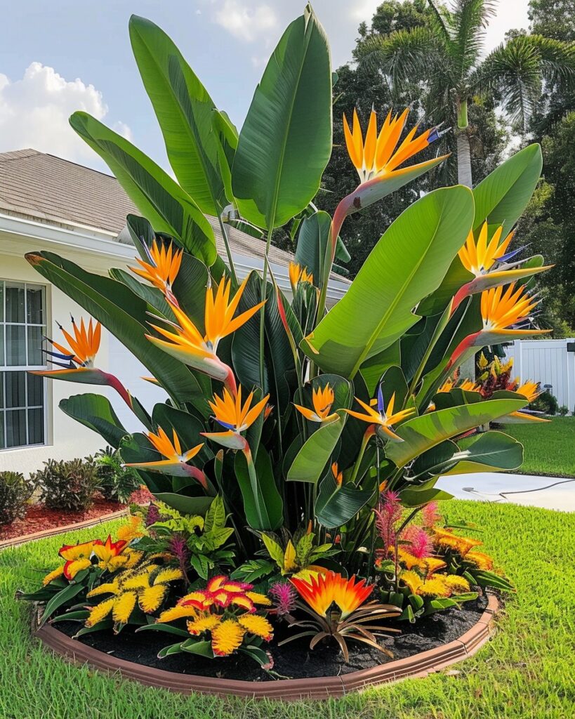 Bird of Paradise garden display with vibrant tropical plants